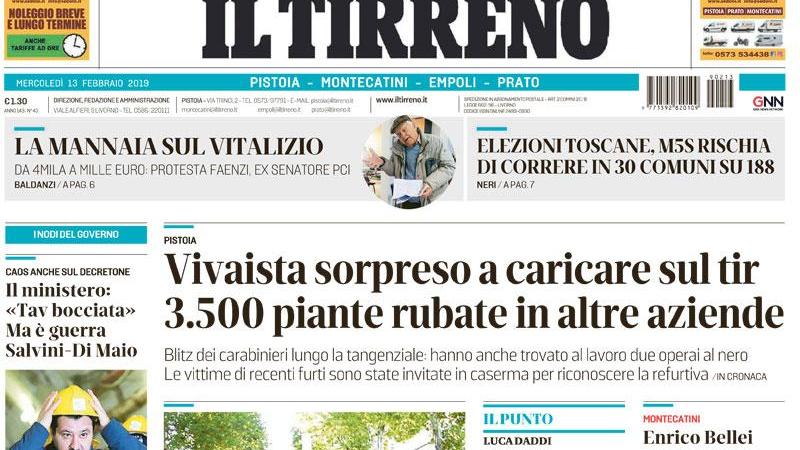 Un ritaglio della prima pagina di mercoledì 13