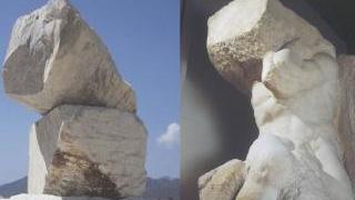 I Prigioni di Michelangelo a confronto con 2 blocchi sovrapposti e sopra, il Duomo di Carrara