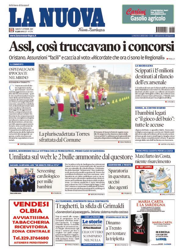 La Nuova Sardegna - Prima Pagina - 5 ottobre 2019