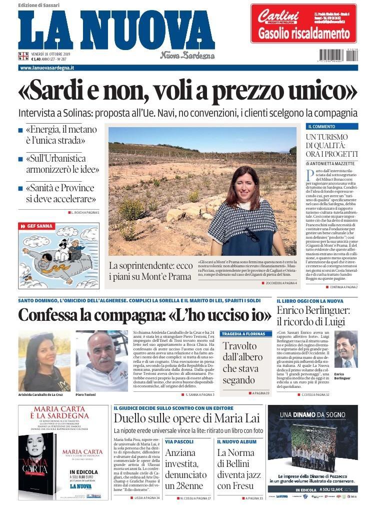 La Nuova Sardegna - Prima Pagina - 18 ottobre 2019