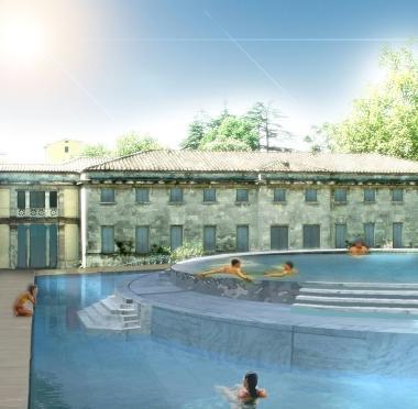 Nicola Guelfi, presidente di Asshotel, e il rendering della piscina in realizzazione alle Leopoldine 