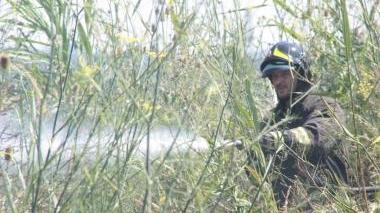 Un vigile del fuoco con la pompa tra le sterpaglie e il luogo dove è scoppiato l’incendio