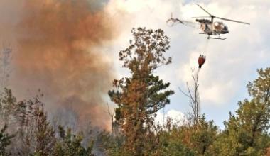 Un elicottero cerca di domare le fiamme in un bosco 