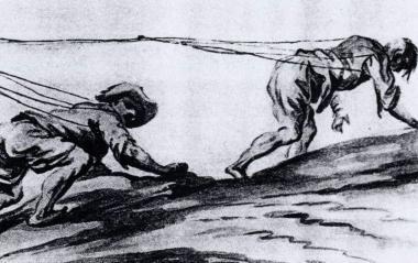 Raffigurazione di bardotti che trainano un navicello 