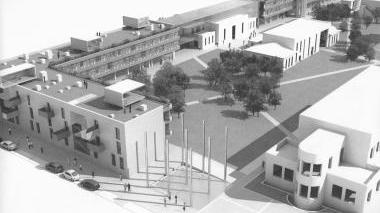 A destra una immagine di come sarà la nuova piazza di Calambrone, mentre sotto una immagine del centro servizi in versione notturna