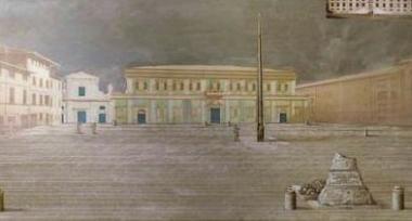 Sopra la piazza San Silvestro immaginata da Ivan Theimer con al centro lobelisco e a fianco una foto dellartista 