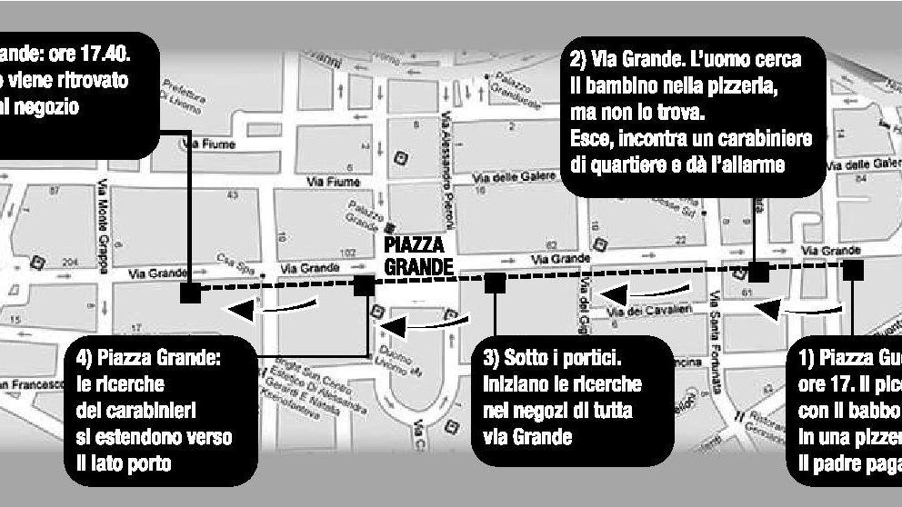 Un carabiniere di quartiere in servizio sotto i portici di via Grande dove venerdì scorso si era smarrito un bambino di 4 anni
