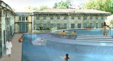 Lo stabilimento Grocco e, a sinistra, il rendering della futura piscina termale alle Leopoldine 