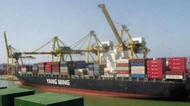 Una nave Yang Ming all’ormeggio in Darsena Toscana