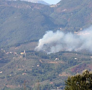 <strong>FIAMME.</strong> In alto, un incendio sulle colline di Camaiore Sopra, un vigile del fuoco al lavoro (Foto d’archivio)