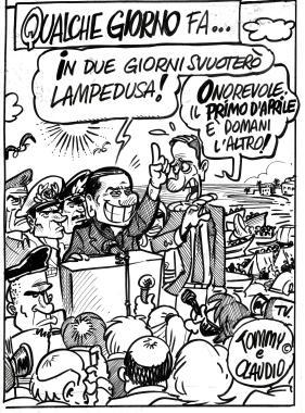 Nella vignetta di Claudio &amp; Tommy il pesce d’aprile firmato Berlusconi