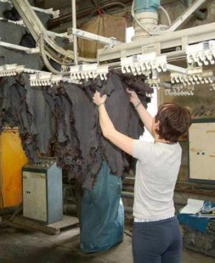 Un operaio al lavoro in una azienda conciaria del distretto 