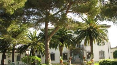 Palme e giardino: questa è Villa Morazzana. Sopra il cancello di ingresso e a destra il vialetto che conduce all’ostello