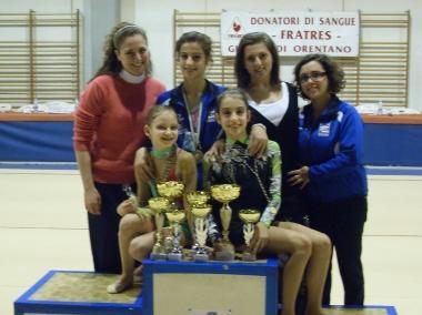 Un gruppo di ginnaste con Natasha Pozarova, Gina Toccafondi e lallenatrice  