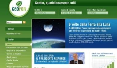 Lhomepage del nuovo sito Geofor; sotto il presidente dellazienda che gestisce la raccolta dei rifiuti Paolo Marconcini 