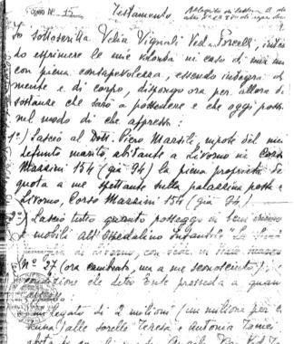 La prima pagina del testamento di Velia Vignoli 