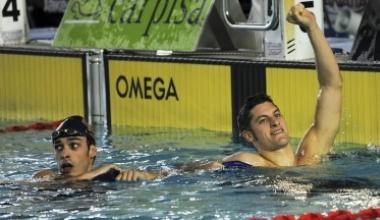 <b>IL TRIONFO. </b>Federico Turrini esulta dopo larrivo, al suo fianco il deluso Marin 