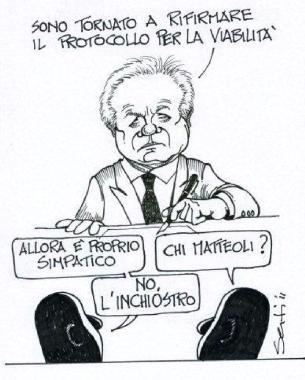 A destra un momento della conferenza stampa dopo la firma del protocollo d’intesa sulla viabilità; sotto una vignetta di Sesti