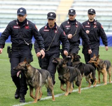 Il Nucleo cinofili dei carabinieri in azione al Castellani 