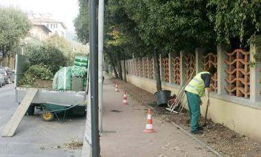 Un giardiniere al lavoro sul viale 4 Novembre da maggio manutenzione affidata alla coop Welfare 