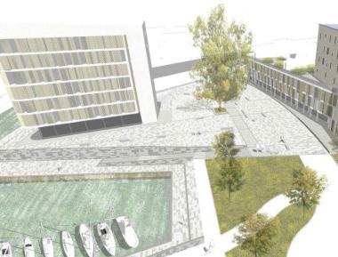 Un disegno del progetto di recupero con una darsena A fianco l’area Piaggio