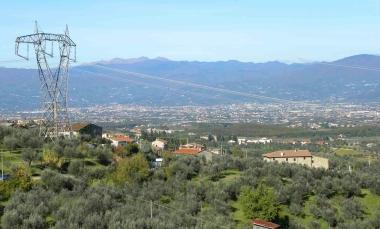 Una linea Enel di media tensione sostenuta da tralicci in mezzo agli oliveti della collina 