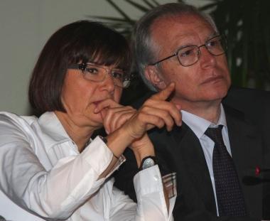 Ambra Giorgi e Guglielmo Epifani al tavolo del convegno