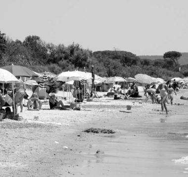 La spiaggia delle Sterpaia e il sindaco Anselmi (primo a sinistra) con alcuni colleghi che hanno ricevuto la Bandiera 