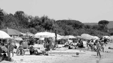 La spiaggia delle Sterpaia e il sindaco Anselmi (primo a sinistra) con alcuni colleghi che hanno ricevuto la Bandiera