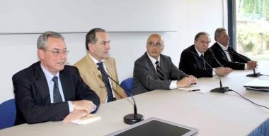 Da sinistra Mannino Micheletti Bernab&ograve; Padoin e Berti durante la presentazione 