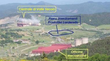 In alto e a sinistra il nuovo insediamento produttivo di Larderello