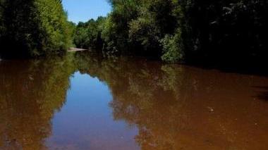 Il fiume Cecina viola-nero, come appariva domenica mattina