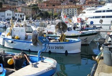 <b>ANCORATE.</b> Barche da pesca al molo di Porto Santo Stedano   