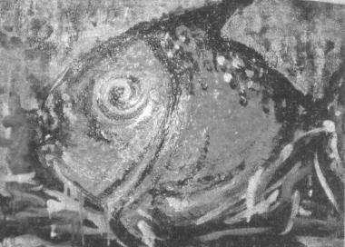 Particolare de Il pesce immortale di Corrado Bruschi in mostra alla galleria Agor&agrave; 