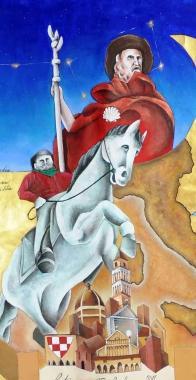 A destra il Palio con Garibaldi a fianco l’autore (il primo a sinistra) col cencio
