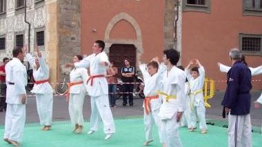 <b>LA FESTA DEL CSI. </b>Due momenti delle manifestazioni sportive per San Ranieri e il gruppo dei partecipanti sotto la Torre
