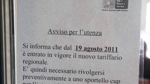 <b>CARTELLO.</b> Affiso agli sportelli Cup informa che sono entrate in vigore le nuove tariffe