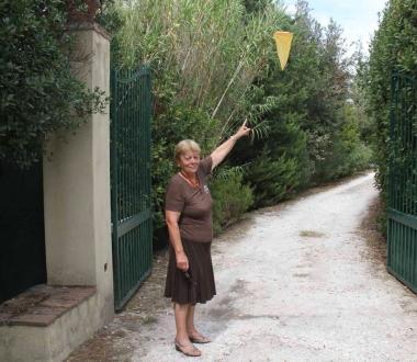 La portavoce del comitato anti-discarica, Rosaria Scaffidi, indica una delle centraline installate lungo via del Limoncino   