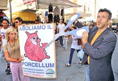 A fianco, uniniziativa anti-Porcellum. Sotto, un momento della raccolta firme. In basso, il sindaco mentre firma 