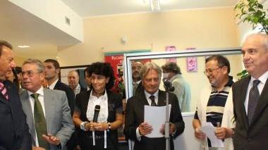 <b>IN BANCA. </b>Luci, Bardi, Dell’Agnello e Schiattarella all’apertura della filiale Carige (sponsor del Livorno) al Picchianti