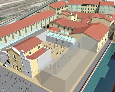 A sinistra il progetto dei Bottini dellOlio Sopra e a destra, invece, la nuova piazza XX e il Mercatino Americano che sono sempre in attesa dei finanziamenti della Regione. Sotto il progetto al computer della riqualificazione dello Scoglio della Regina e della Dogana dAcqua 