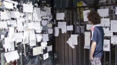 Studente in cerca di alloggio legge gli annunci su un muro
