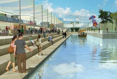Una immagine dei padiglioni di Expo 2015. A sinistra, Giuseppe Oriana