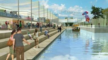 Una immagine dei padiglioni di Expo 2015. A sinistra, Giuseppe Oriana