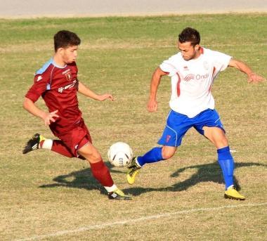 Catassi del Monsummano e, pi&ugrave; a destra: Scaffai, in gol per il Ponte Buggianese 