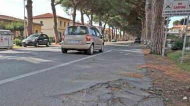 Uno dei tanti avvallamenti causati dalle radici di pino lungo il viale della Repubblica