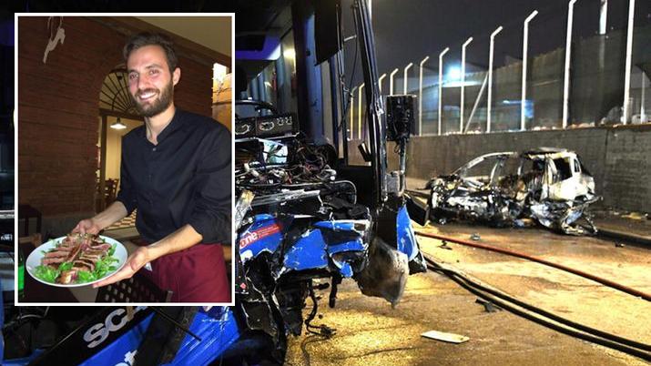 Un'immagine dell'incidente tra l'auto e il bus. Nel riquadro, Gilberto Biasci