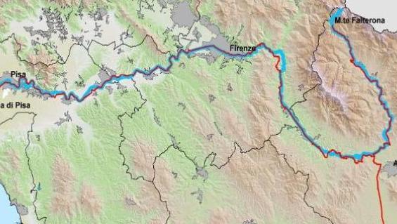 Il tracciato della ciclopista che da Stia arriverà alla foce dell'Arno passando da Empoli