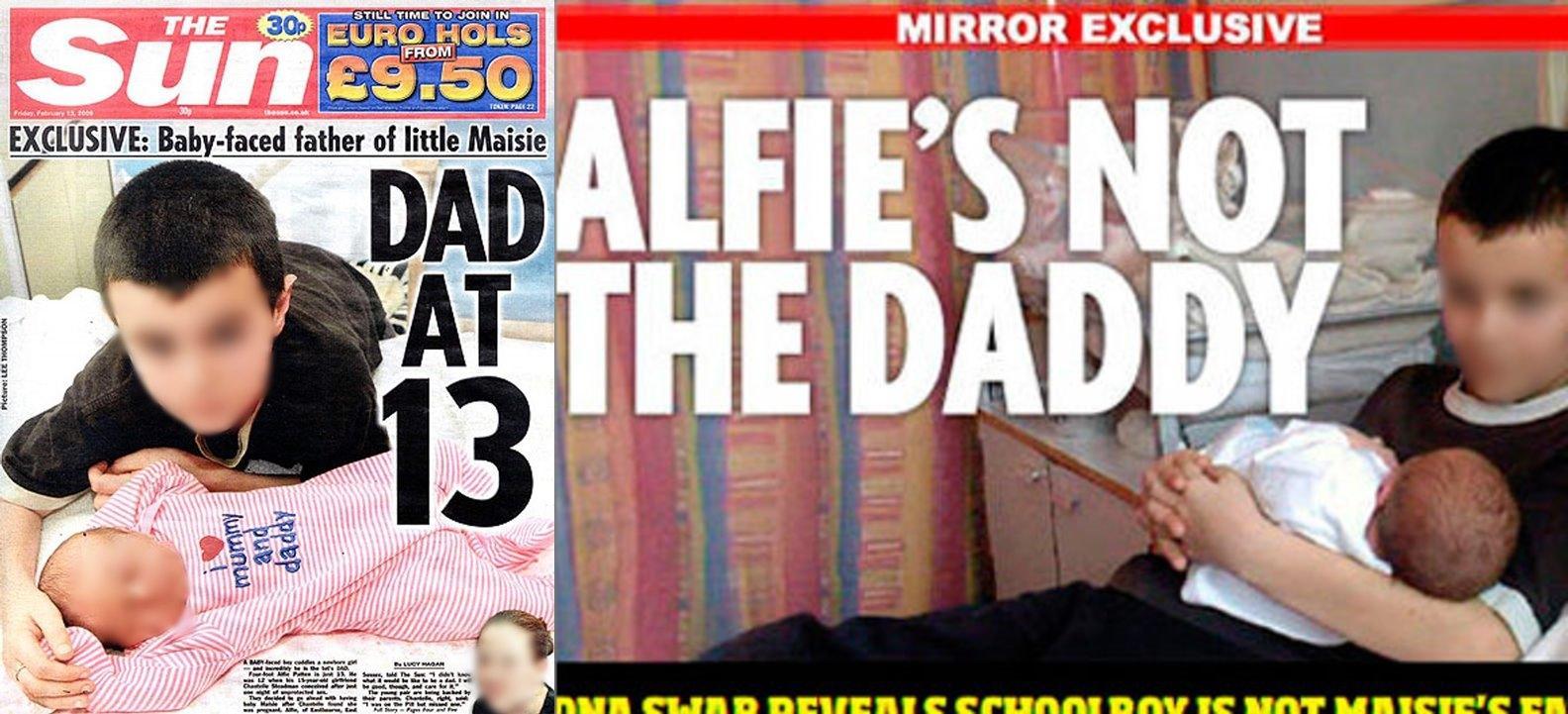 Due copertine di giornali inglesi sul caso del tredicenne a cui fu attribuita una paternità (poi smentita dal test del Dna). Nelle immagini originali i volti dei protagonisti erano perfettamente riconoscibili