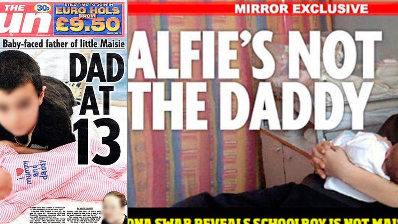 Due copertine di giornali inglesi sul caso del tredicenne a cui fu attribuita una paternità (poi smentita dal test del Dna). Nelle immagini originali i volti dei protagonisti erano perfettamente riconoscibili